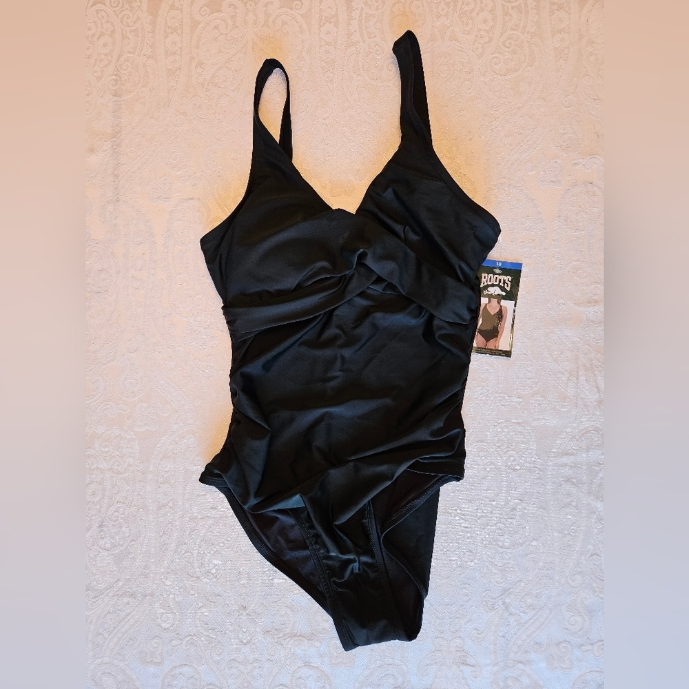 Roots Black One-Piece Swimsuit, Adjustable Straps, Size 10, NWT